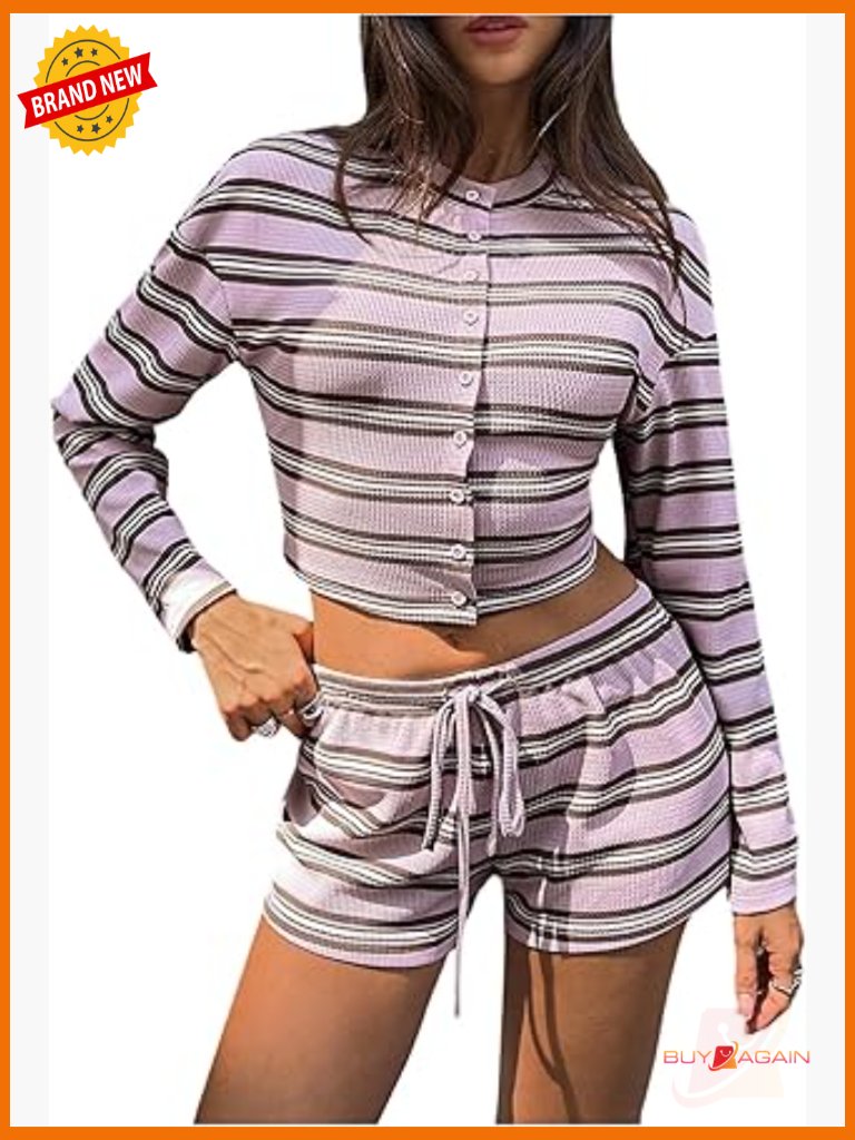 2 Piece Spring Outfit - Striped Button Down Cardigan & Mini Shorts Set